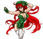  1girl abs ahoge alternate_costume blue_eyes braid breasts cleavage cleavage_cutout clenched_hands cowboy_shot dress female fingerless_gloves gloves green_gloves green_hat hat highres hips hong_meiling impossible_clothes impossible_dress ledjoker07 long_hair looking_to_the_side medium_breasts muscle pelvic_curtain redhead shiny shiny_skin short_dress simple_background sketch solo thighs touhou twin_braids very_long_hair waist white_background white_legwear 