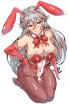  1girl animal_ears bare_shoulders black_legwear blush breasts bunnysuit cleavage covered_navel detached_collar elbow_gloves gloves granblue_fantasy grey_hair hand_on_hip highres large_breasts long_hair looking_at_viewer magisa_(granblue_fantasy) pantyhose rabbit_ears red_eyes red_gloves seiza simple_background sitting smile solo wakura_(gcdan) white_background 