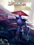  1girl alien armor battleborn copyright_name grass kunai miko_(battleborn) mushroom one-eyed purple_skin solo tree warlockss weapon 