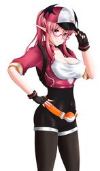  1girl alternate_hairstyle backpack bag bangs baseball_cap belt bespectacled black_gloves black_legwear black_leotard blush breasts cleavage cosplay cowboy_shot crop_top cropped_jacket erect_nipples female_protagonist_(pokemon_go) female_protagonist_(pokemon_go)_(cosplay) fingerless_gloves glasses gloves hand_on_headwear hat hips jacket koakuma leggings leotard looking_at_viewer navel pointy_ears pokemon pokemon_go ponytail red-framed_eyewear red_eyes red_jacket redhead semi-rimless_glasses shirt short_sleeves sidelocks skin_tight solo taut_clothes taut_shirt touhou under-rim_glasses white_shirt yumi_(careca398) 