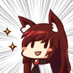  &gt;:d 1girl :d animal_ears brooch brown_hair chibi dress imaizumi_kagerou jewelry long_hair lowres open_mouth smile solid_oval_eyes solo sparkle touhou upper_body wolf_ears wool_(miwol) 