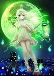  00 1girl bracelet building city city_lights expressionless floating floating_hair full_moon glowing green_hair highres hitodama house jewelry lantern long_hair moon night original paper_lantern red_eyes sky solo star_(sky) tabi youkai 
