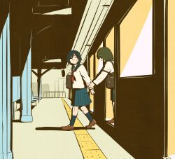  2girls absurdres avogado6 bag bandaid bandaid_on_face bandaid_on_forehead bandaid_on_leg bandaid_on_nose black_hair blue_skirt blue_socks brown_shoes from_side highres holding_another&#039;s_wrist loafers long_sleeves multiple_girls neckerchief original red_neckerchief school_bag school_uniform serafuku shirt shoes skirt socks tactile_paving train train_station_platform twintails walking white_shirt 