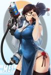  1girl adjusting_glasses bare_shoulders between_breasts black_legwear black_panties breasts brown_eyes brown_hair character_name chinese_clothes cleavage_cutout covered_navel cowboy_shot curvy dress elbow_gloves flower glasses gloves goomrrat gun hair_bun hair_ornament hair_stick large_breasts lips looking_at_viewer mei_(overwatch) overwatch panties parted_lips quipao side-tie_panties side_ponytail single_glove sleeveless solo standing thick_thighs thigh-highs underwear weapon white_gloves wide_hips 