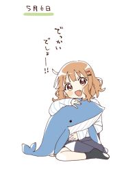  1girl :d black_socks blue_shorts blush_stickers brown_eyes brown_hair commentary_request fang full_body hair_ornament hairclip highres hugging_object long_sleeves looking_at_viewer namori oomuro_sakurako open_mouth shirt short_hair shorts simple_background sitting smile socks solo stuffed_whale translation_request white_background white_shirt yuru_yuri 
