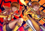  2girls absurdres brown_hair cosplay dual_persona glowing glowing_eyes highres looking_at_viewer midriff multiple_girls navel pantyhose persona persona_4 polearm satonaka_chie scarf shadow_(persona) shadow_chie short_hair smile spear tomoe_(persona_4) tomoe_(persona_4)_(cosplay) weapon whip yellow_eyes yuuten 