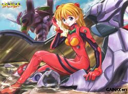  1girl artist_name blue_eyes blue_sky bodysuit breasts closed_mouth clouds cloudy_sky cockpit commentary copyright_name copyright_notice drying drying_hair eva_01 from_side hiroyasu holding holding_towel interface_headset_(evangelion) knees_up lcl long_hair looking_at_viewer looking_to_the_side mecha_pilot_suit medium_breasts neon_genesis_evangelion non-web_source official_art orange_hair partially_submerged plugsuit_(evangelion) red_bodysuit sitting sky smile solo souryuu_asuka_langley towel translated 