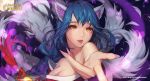  1girl ahri animal_ears artist_name bangs bare_shoulders black_hair braid breasts collarbone copyright_name detached_sleeves facial_mark fang fingernails fingers fox_ears fox_tail hands hayanpool heart highres korean_clothes large_breasts league_of_legends lips long_fingernails long_hair looking_at_viewer nail_polish open_mouth pink_lips pink_nails ponytail reaching reaching_out sharp_fingernails solo tail upper_body whisker_markings yellow_eyes 