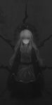  1girl bangs black_dress chinese_clothes closed_mouth commentary_request crescent dress expressionless full_body grey_background greyscale gyup91 hat highres junko_(touhou) long_hair long_sleeves looking_at_viewer monochrome ribbon simple_background sleeves_past_wrists solo standing tabard touhou very_long_hair wide_sleeves 