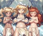  &gt;:) 3girls abs bandage bandaged_arm blonde_hair blue_eyes blush breasts collarbone cowboy_shot crossed_arms dark_skin djeeta_(granblue_fantasy) flat_chest flower fundoshi granblue_fantasy grin hair_flower hair_ornament hair_ribbon hairband io_euclase japanese_clothes long_hair looking_at_viewer multiple_girls navel open_mouth orange_hair ribbon sara_(granblue_fantasy) sarashi short_hair smile toned twintails water wavy_mouth wet yellow_eyes yilx 