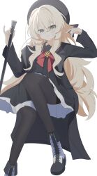  1girl :3 absurdres beret black_coat black_gloves black_hat black_pantyhose black_sailor_collar black_serafuku black_shirt black_shoes black_skirt blonde_hair blue_archive bow bowtie coat fluffy_hair frilled_skirt frills gloves green_eyes hair_between_eyes hat highres holding holding_stick long_hair long_sleeves looking_at_viewer open_clothes open_coat pantyhose professor_niyaniya_(blue_archive) red_bow red_bowtie sailor_collar school_uniform serafuku shirt shoes simple_background skirt solo stick very_long_hair white_background wide_sleeves zizhucan 