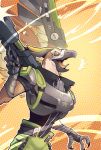  1boy armor avionetca bastard!! battleborn benedict_(battleborn) feathered_wings furry gun highres multicolored_eyes open_mouth red_eyes solo tongue tongue_out upper_body weapon wings yellow_eyes 