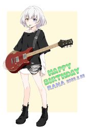  1girl bang_dream! bang_dream!_it's_mygo!!!!! black_bow blue_eyes border bow character_name commentary_request dated electric_guitar full_body guitar happy_birthday heterochromia highres holding holding_weapon instrument kaname_raana layered_sleeves long_sleeves mouth_hold open_mouth plectrum plectrum_in_mouth porinki shirt short_over_long_sleeves short_sleeves simple_background solo standing sweat weapon white_border white_hair white_shirt yellow_background yellow_eyes 