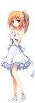  1girl absurdres bare_shoulders blue_eyes dress full_body hand_on_own_chest highres kizuna looking_at_viewer orange_hair reminiscence reminiscence_re:collect ribbon shoes side_ponytail smile solo tomose_shunsaku transparent_background 