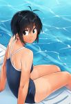  1girl ahoge arm_support arms_at_sides black_hair breasts hair_between_eyes idolmaster kikuchi_makoto looking_at_viewer pool poolside school_swimsuit serious sheairkuaki short_hair small_breasts swimsuit tan tanline thighs water wet wet_clothes 