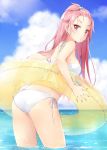  1girl bare_shoulders bikini breasts character_request clouds copyright_request hair_bobbles hair_ornament highres holding innertube leaning_forward long_hair looking_at_viewer looking_back natsu_(natume0504) pink_eyes pink_hair side-tie_bikini sky solo standing swimsuit wading water wet wet_hair white_bikini 