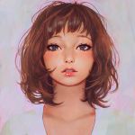  1girl bangs black_eyes brown_hair expressionless eyebrows grey_background ilya_kuvshinov lips lipstick looking_at_viewer makeup messy_hair nose original parted_lips pink_lipstick portrait shirt short_hair simple_background solo source_request teeth white_shirt 