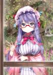  1girl artist_name bespectacled blue_bow blush book bow crescent crescent_hair_ornament dr_poapo dress fish glasses hair_bow hair_ornament hat highres long_hair long_sleeves looking_at_viewer mob_cap patchouli_knowledge purple_hair rain red-framed_eyewear red_bow sidelocks solo striped striped_dress touhou violet_eyes wide_sleeves window 