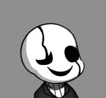  chibi grey_background gyate_gyate lowres ribbed_sweater simple_background smile solo sweater turtleneck undertale uneven_eyes upper_body w.d._gaster white_skin yaruky 