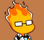  1boy bow bowtie brown_background cleaning cleaning_rag cup drinking_glass fire glasses grillby gyate_gyate lowres male_focus shotglass simple_background solo undertale upper_body vest yaruky 