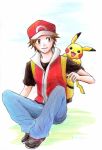  00s artist_request baseball_cap brown_hair hat pikachu pokemon pokemon_(game) pokemon_frlg red_(pokemon) red_(pokemon)_(remake) 