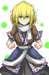  &gt;:( 1girl arm_warmers biting blonde_hair blush clenched_hands cowboy_shot green_eyes kan_(aaaaari35) lip_biting looking_at_viewer mizuhashi_parsee nose_blush parted_lips pointy_ears sash scarf short_hair short_sleeves solo tears touhou undershirt white_scarf 