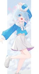  1girl :d absurdres arona_(blue_archive) blue_archive blue_eyes blue_hair border braid colored_inner_hair commentary eyes_visible_through_hair hair_over_one_eye hair_ribbon halo hand_up heart heart_halo highres looking_at_viewer medium_hair midriff_peek multicolored_hair pink_hair pleated_skirt ribbon sailor_collar school_uniform serafuku shoes single_braid skirt smile solo white_background white_border white_ribbon white_sailor_collar white_shoes white_skirt zizhucan 