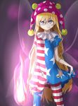  1girl american_flag_dress american_flag_legwear blonde_hair closed_mouth clownpiece dress fairy_wings fire hat highres holding jester_cap long_hair looking_at_viewer neck_ruff pantyhose polka_dot ringed_eyes short_dress smile solo standing star star_print striped torch touhou tyouseki very_long_hair wings 