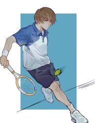  1boy alternate_costume armband ball black_shorts brown_eyes brown_hair chinese_commentary closed_mouth collared_shirt commentary_request death_note highres holding holding_tennis_racket male_focus open_collar racket shiragon shirt shoes short_sleeves shorts socks solo sportswear tennis tennis_ball tennis_racket tennis_uniform white_shoes white_socks wing_collar yagami_light 
