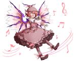  1girl :d arm_garter bird_wings black_shoes brown_dress dress ear_piercing fingernails frilled_dress frills full_body hat hat_ornament hat_wings highres jewelry juliet_sleeves kan_(aaaaari35) long_fingernails long_sleeves music musical_note mystia_lorelei open_mouth pants pants_under_dress piercing pink_eyes pink_hair puffy_sleeves quaver sharp_fingernails shoes short_hair singing single_earring smile solo touhou treble_clef white_background wings 