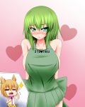  2girls :d =_= adapted_costume apron arms_behind_back bare_shoulders blood blush breasts brown_hair chibi cleavage clothes_writing collarbone cowboy_shot frown green_apron green_eyes green_hair heart heart_background highres large_breasts looking_at_viewer multiple_girls naked_apron no_hat no_headwear nose_blush nosebleed open_mouth parmiria pointy_hair shirt short_hair sideboob sleeveless sleeveless_shirt smile soga_no_tojiko solo_focus thumbs_up touhou toyosatomimi_no_miko 