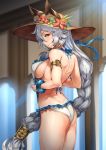  1girl animal_ears armlet ass bare_back bracelet braid breasts brown_eyes cowboy_shot erun_(granblue_fantasy) flat_ass from_side granblue_fantasy hair_between_eyes hair_tubes hat heles jewelry large_breasts long_hair looking_at_viewer neo-masterpeacer one-piece_swimsuit profile sideboob silver_hair single_braid solo standing sun_hat sunlight swimsuit very_long_hair 
