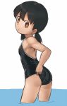  1girl adjusting_clothes adjusting_swimsuit black_hair breasts brown_eyes competition_school_swimsuit doraemon from_side minamoto_shizuka one-piece_swimsuit ranma_(kamenrideroz) short_hair small_breasts solo swimsuit twintails 