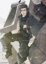  2b_fff 2boys aqua_eyes armor belt black_boots black_gloves black_hair black_pants black_shirt black_sleeves black_vest blonde_hair boots buster_sword chest_strap church cloud_strife earrings english_text falling_petals fenrir_(final_fantasy) final_fantasy final_fantasy_vii final_fantasy_vii_advent_children final_fantasy_vii_rebirth final_fantasy_vii_remake flower gloves highres holding holding_flower jewelry male_focus medium_hair multiple_belts multiple_boys open_mouth pants pauldrons petals pew scar scar_on_cheek scar_on_face shirt short_hair shoulder_armor sideburns single_earring single_pauldron single_sleeve sitting sleeveless sleeveless_turtleneck suspenders turtleneck vest yellow_petals zack_fair 