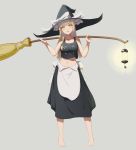  1girl absurdres adapted_costume apron barefoot black_skirt bow braid breasts broom collarbone crop_top derivative_work full_body grey_background hat hat_bow head_tilt highres kirisame_marisa lantern long_hair long_skirt looking_at_viewer medium_breasts midriff navel over_shoulder simple_background single_braid skirt solo stomach tank_top toes touhou waist_apron witch_hat yellow_eyes yinyu-pm 