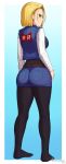  1girl android_18 artist_name ass blonde_hair blue_eyes breasts denim_skirt dragon_ball dragon_ball_z dragonball_z from_behind full_body highres large_breasts long_sleeves looking_at_viewer looking_back miniskirt no_shoes pantyhose razalor short_hair skirt solo 