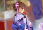  1girl alternate_hairstyle bangs blue_kimono brown_eyes brown_hair bunny_print candy_apple d.va_(overwatch) facepaint facial_mark fan8059 floral_print flower food from_behind hair_flower hair_ornament holding holding_food japanese_clothes kimono leaf_print looking_at_viewer looking_back obi overwatch sash short_hair smile solo summer_festival upper_body whisker_markings wide_sleeves yukata 