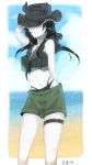  1girl alternate_costume arm_behind_back arm_up bangs bare_shoulders beach bikini black_bikini black_hair blue_sky breasts character_name clouds frills hat horns kantai_collection large_breasts light_cruiser_hime long_hair mochitsu_jou navel parted_bangs sand shinkaisei-kan shorts sky solo swimsuit thigh_strap water white_skin wind 