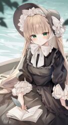  1girl black_dress book bow brown_hair chin_strap closed_mouth dress frills gosick gothic_lolita green_eyes guzangnanfeng hairband highres hime_cut holding holding_pen lolita_fashion lolita_hairband long_hair long_sleeves looking_at_viewer open_book pen solo too_many too_many_frills victorian victorica_de_blois white_bow 