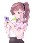 1girl artist_name brown_eyes casual cellphone character_name d.va_(overwatch) food_in_mouth hair_up hairband long_hair overwatch panza phone ponytail popsicle smartphone whisker_markings 