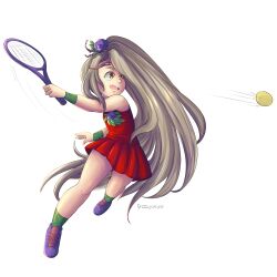 1girl absurdres alternate_costume ball blonde_hair dress flower full_body hair_flower hair_ornament highres holding_tennis_racket izzynaww kid_icarus kid_icarus_uprising long_hair open_mouth purple_shoes red_dress shoes sleeveless sleeveless_dress solo tennis tennis_ball transparent_background very_long_hair viridi 