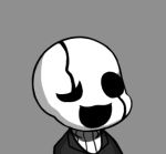  :3 chibi grey_background gyate_gyate lowres open_mouth ribbed_sweater simple_background smile solo sweater turtleneck undertale uneven_eyes upper_body w.d._gaster white_skin yaruky 