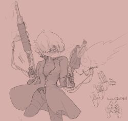  2girls absolute_cinema_(meme) afterimage android animal_ears bags_under_eyes bodysuit bodysuit_under_clothes breasts buttons casing_ejection cigarette coat commentary cropped_legs cyberpunk dflaron dual_wielding english_commentary english_text extra_arms firing floating_clothes glaring gloves gun hair_ornament hair_over_one_eye hairclip hatching_(texture) head_down highres holding holding_gun holding_weapon linear_hatching looking_to_the_side marie_(peripeteia) mechanical_arms meme monochrome multiple_girls muzzle_flash original partially_unbuttoned peripeteia pump_action recoil reference_sheet shell_casing short_hair shotgun simple_background sketch small_breasts smoke smoking smoking_barrel spas-12 standing trench_coat triangle_button weapon 