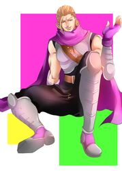  1boy armor armored_boots blonde_hair boots cape ceser dragon_quest dragon_quest_heroes dragon_quest_heroes_ii fingerless_gloves gloves green_eyes highres open_mouth oururi33 sitting solo teeth white_background 