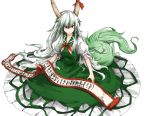  &gt;:) 1girl breasts cleavage collarbone dress ex-keine fingernails full_body green_dress green_hair hair_ribbon highres horn_ribbon horns kamishirasawa_keine kan_(aaaaari35) long_fingernails long_hair looking_away multicolored_hair nail_polish neckerchief parted_lips puffy_short_sleeves puffy_sleeves red_eyes red_nails ribbon scroll sharp_fingernails short_sleeves sidelocks solo tail touhou tress_ribbon tsurime two-tone_hair very_long_hair white_background white_hair white_ribbon 