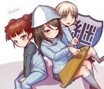  3girls :d ;) aki_(girls_und_panzer) blonde_hair brown_eyes brown_hair cheese_(cheese_koubou) closed_mouth from_side girls_und_panzer green_eyes hat instrument kantele looking_at_viewer mika_(girls_und_panzer) mikko_(girls_und_panzer) multiple_girls music one_eye_closed open_eyes open_mouth playing_instrument redhead sitting skirt smile socks striped striped_sweater sweater track_suit twintails 