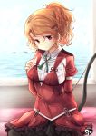  1girl aquila_(kantai_collection) bow_(weapon) breasts brown_hair chize closed_mouth commentary_request hair_ornament hairclip kantai_collection long_hair long_sleeves looking_at_viewer medium_breasts miniskirt ponytail puffy_long_sleeves puffy_sleeves red_eyes sitting skirt solo wavy_hair weapon 