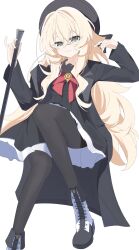  1girl :3 absurdres beret black_coat black_gloves black_hat black_pantyhose black_sailor_collar black_serafuku black_shirt black_shoes black_skirt blonde_hair blue_archive bow bowtie coat fluffy_hair frilled_skirt frills gloves green_eyes hair_between_eyes hat highres holding holding_stick long_hair long_sleeves looking_at_viewer open_clothes open_coat pantyhose professor_niyaniya_(blue_archive) red_bow red_bowtie sailor_collar school_uniform serafuku shirt shoes simple_background skirt solo stick very_long_hair white_background wide_sleeves zizhucan 