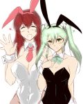  2girls :d akagi_(kantai_collection) animal_ears bow breasts bunnysuit closed_eyes detached_collar eyes fake_animal_ears green_eyes green_hair hand_on_own_chest highres kantai_collection karakure_(kamo-nanban) large_breasts long_hair medium_breasts multiple_girls necktie open_mouth pantyhose rabbit_ears redhead simple_background size_difference smile twintails waving white_background wrist_cuffs zuikaku_(kantai_collection) 