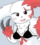  1girl black_eyes bra breasts denbukuro female furry pokemon simple_background solo underwear upper_body zangoose 